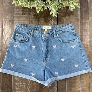 Harper Heritage Light Blue Denim Shorts with Pink Heart Embroidery